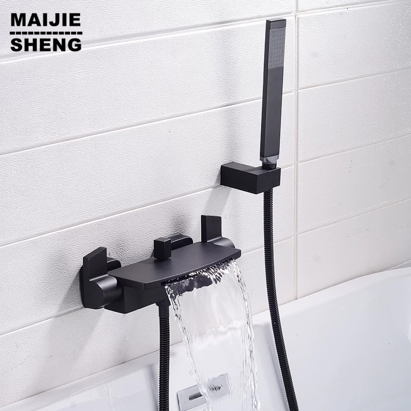 

Nordic all copper brass waterfall bathtub faucet hotel wall mounted black bathtub faucet cold and hot shower mixer shower set