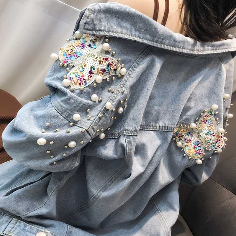 

2019 Spring Autumn Women Embroidery Three Dimensional butterfly Pearl Bead Short Denim Coat Woman Long Sleeve Jean Jacket, Blue