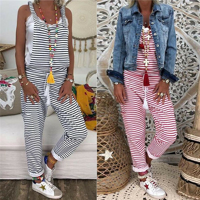 

Summer Outfits Women Dungarees Harem Strap Long Pant Jumpsuits Loose Backless Jumpsuit Baggy Striped Print Trousers Overalls, Black