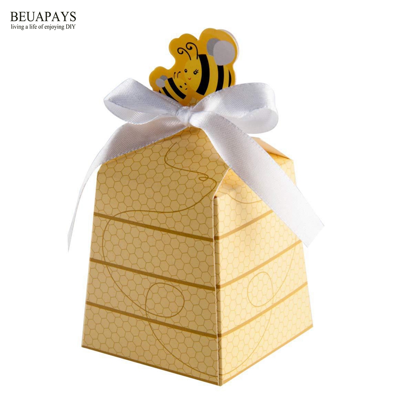 

free shipping 150pcs Little bee trapezoid yellow baby shower candy box personality new mini gift box party supplies packaging