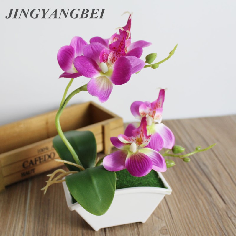 

Spring Artificial silk flowers Orchid bonsai with vase set table decoration Fake plant tree Butterfly orchid leaf wedding flower, Green
