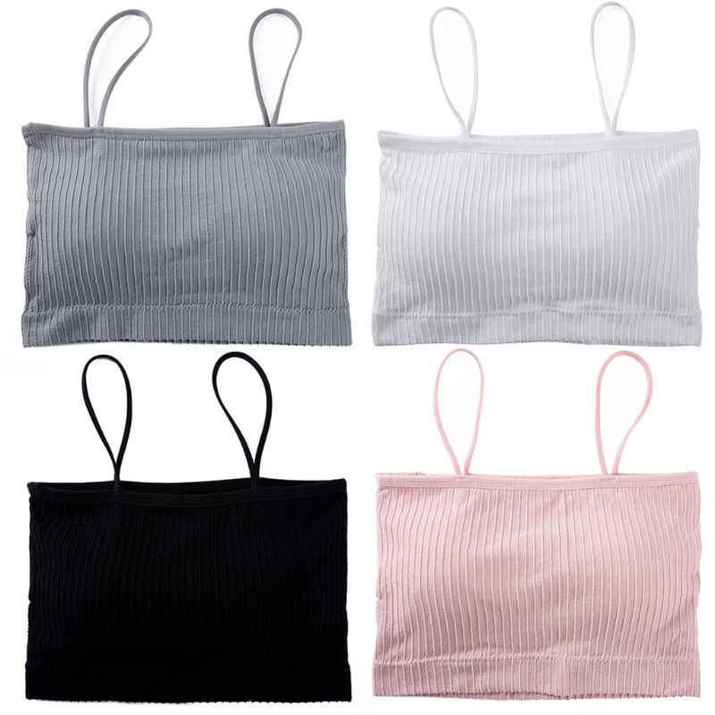 

Women Girl Spaghetti Strap Bandeau Tube Top Ribbed Knit Wirefree Basic Camis Vest Removable Padded Wrapped Chest Bustier, Gy
