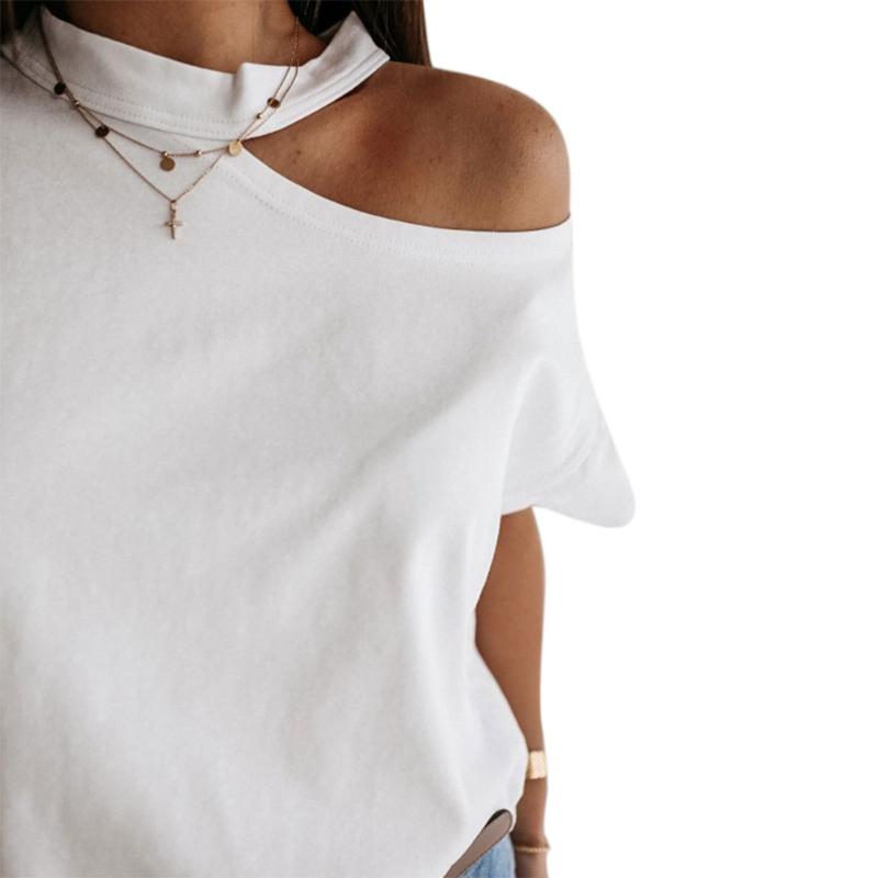 

2020 New Fashion Women Casual Halter Short Sleeve Tee Shirts Asymmetric Cut Out Short Sleeve Simple T-shirts Top, Black
