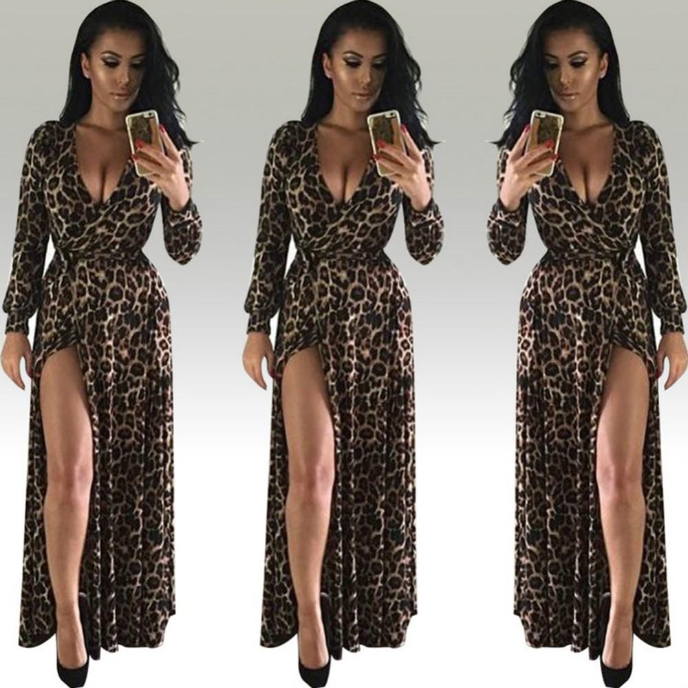 

Feitong Leopard Print for Woman Dress New Summer Fashion V-Neck Long Dress Sexy Nightclub High solid Split Maxi Womens Dresses Evening Party