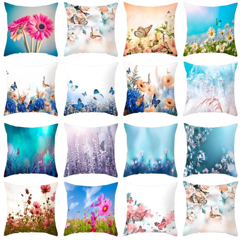

18" Flower Butterfly Pattern Printed Peach Skin Pillowcase Sofa Couch Bedroom Cushion Cover Fashion Home Decoration Gifts Pillow Case, Style 8