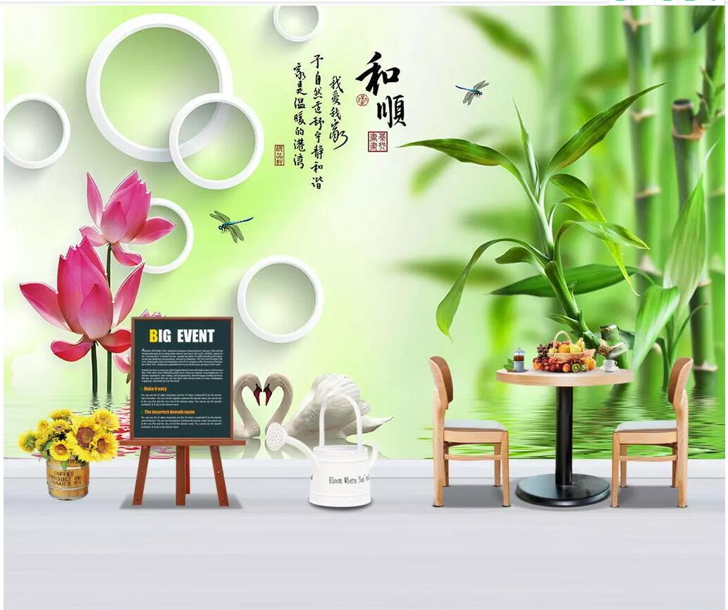 

3d room wallpaper custom photo BBamboo circle swan lotus reflection background living room home decor 3d wall murals wallpaper for walls 3 d, Non-woven wallpaper