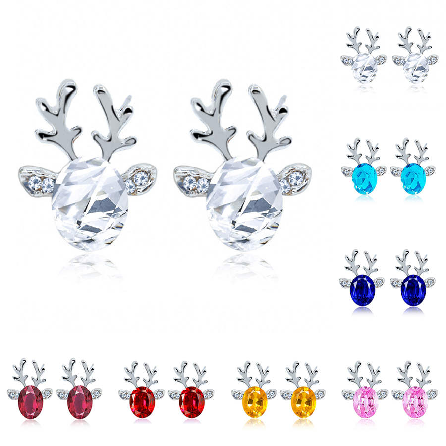 Niños Niñas Reno Stud Pendientes de Plata con Cristal de Swarovski