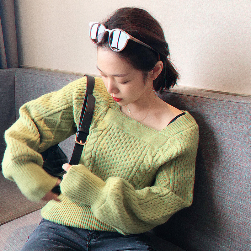 

2020 Spring Knitted And Pullovers Square Collar Long Sleeve Vintage Women Sweater Tricot Pull Femme, Blue