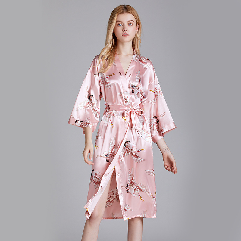 

Samwestart faux silk wedding female summer long bridesmaid red bride morning robe satin robes women pink robe, Yhs