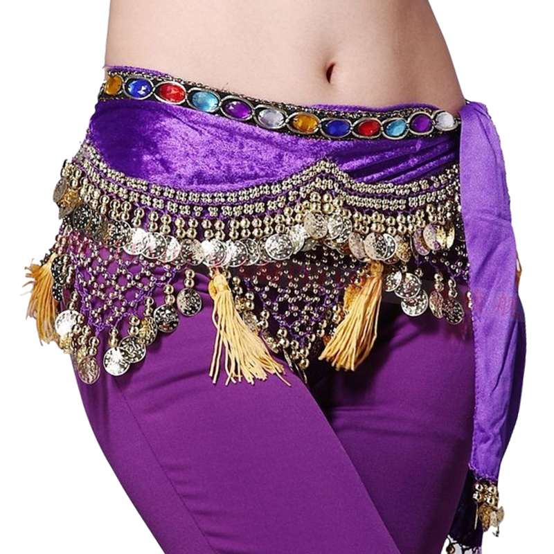

12 Colors Dancewear Training Clothing Hip Scarf 248 Gold Coins Colorful Rhinestone Adjustable Fit Velvet Belt for Belly dancing, Royal blue