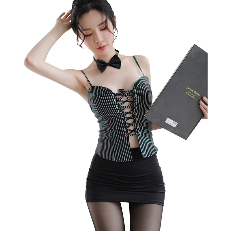 

Japanese Sexy Secretary Uniform Suit Lingerie Top Mini Skirt Women Set 4PCS Erotic Sets Babydoll Teacher Cosplay Sexy Costumes LY191222, Black