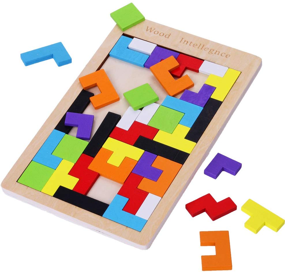 

Wooden Tetris Puzzle Tangram Jigsaw Brain Teasers Toy Building Blocks Game Colorful Wood Puzzles Box Intelligence Educational Gift for Kids