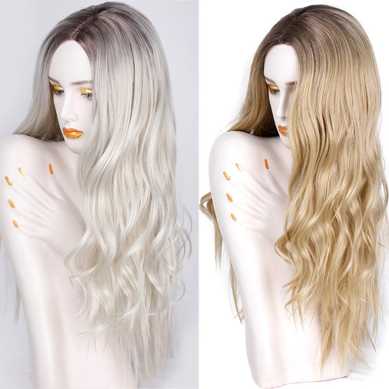 

Women's Wavy Ombre Platinum Blonde Wigs Synthetic Middle Part Long Body Wave Wigs For Black Women Heat Resistant Party, #2