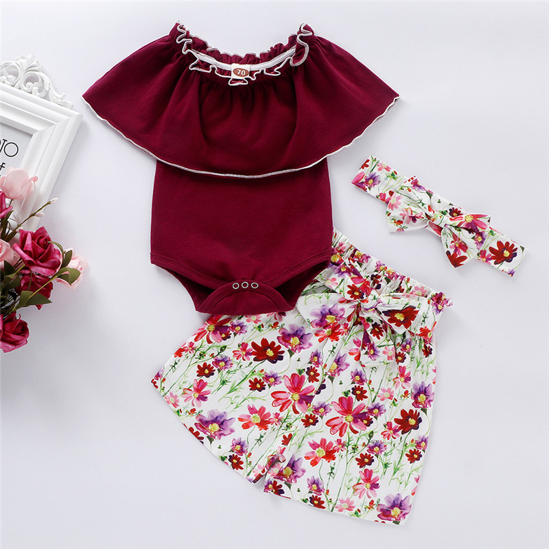 

Newborn Baby Girl Clothes Solid Short Sleeve Ruffle Romper+Floral Shorts Headband 3Pcs Outfits Clothes Baby Sets Dropship, Red