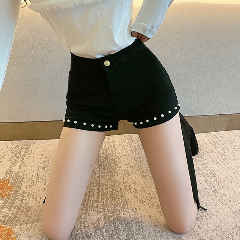 

Zoki Pure Cotton Women Denim Shorts Elastic Low Waist Soft Black Summer Gothic Jeans Pearl Solid Female Korean Skinny Jean 2020