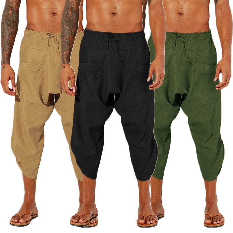 

INCERUN Men Casual Pants Cotton Linen Solid Loose Jogger Retro Elastic Waist Trousers Men Drop Crotch Harem Pants Streetwear 5XL, Black