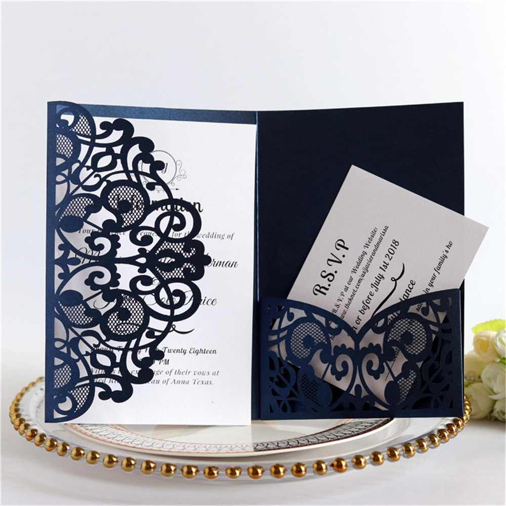 

100pcs Elegant Blue White Gold Laser Cut Lace Wedding Invitation Card Covers Greeting Card Cover Party Decor Supplies