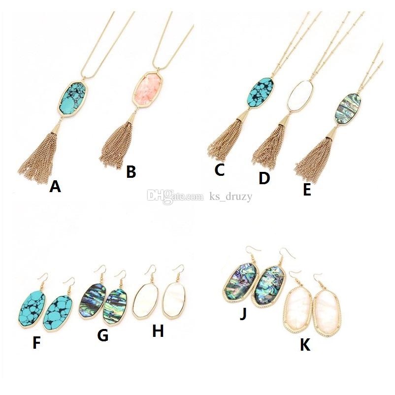 

Oval Hexagon Stone Pendant Tassel Shell Turquoise Print Pattern Necklaces Earrings Jewelry