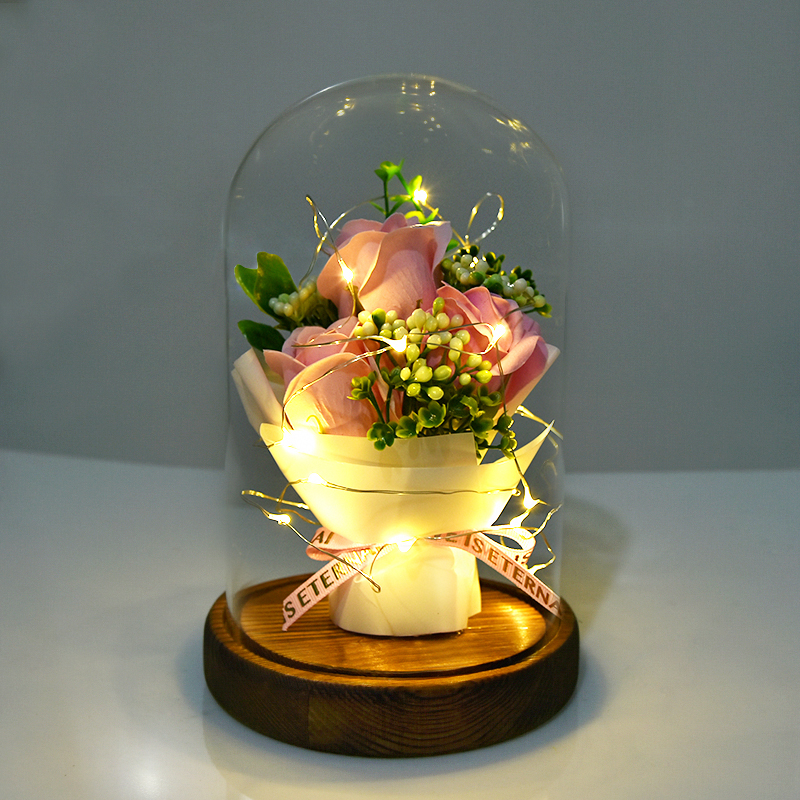 

Pink Red Rose In A Glass Dome On A Wooden Base For Valentine's Gifts LED Rose Lamps Christmas Party Decorations Gift For Girls