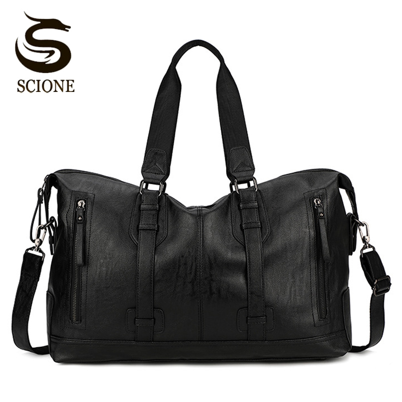 

Large Capacity Travel Duffle Bags Men PU Leather Travelling Handbag Business Weekend Handbags Men's Carry On Luggage Bag XA129M, Black