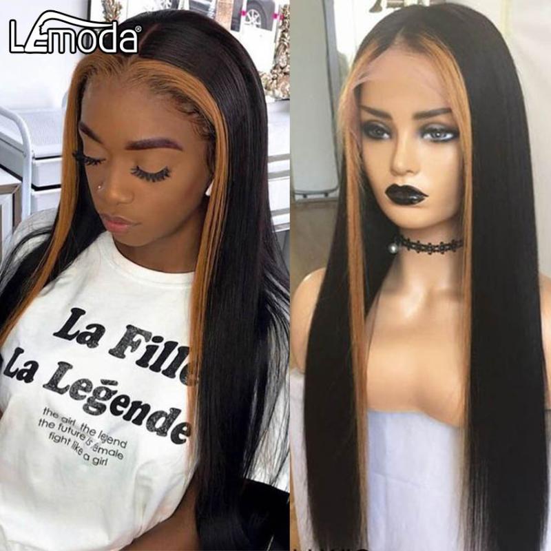 

Lemoda Highlight Straight Lace Front Wig 13x4 Ombre Human Hair Wig 150% Density Remy Hair Wigs For Black Women Long, 1b/27hl