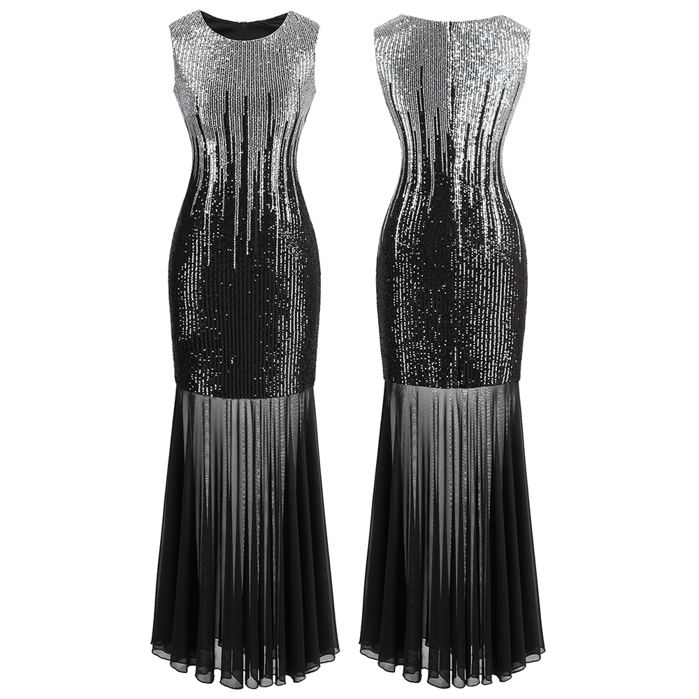 

Angel-fashions Women Classic Silver & Black Sequins Transparent Tulle Maxi Sheath Cocktail Evening Dress Vintage Party 458