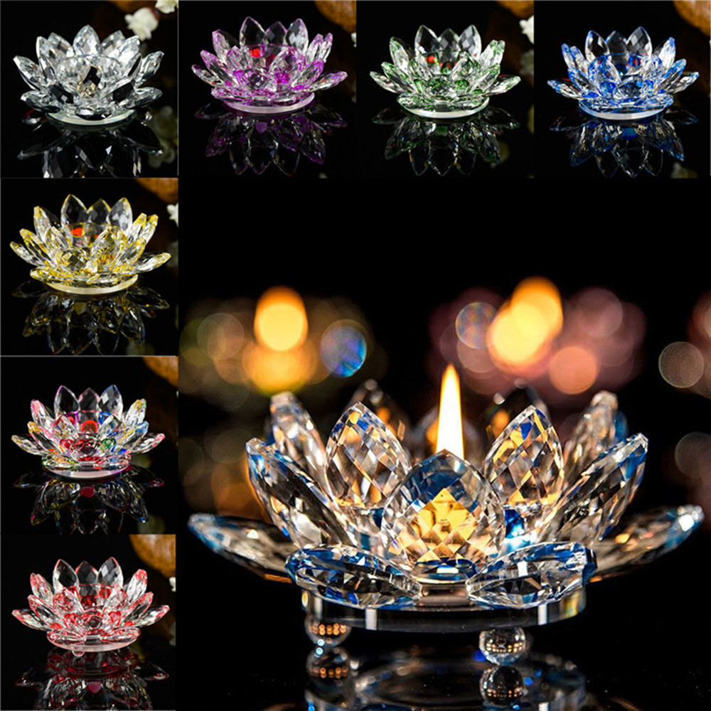 

Crystal Lotus Flower Photophore Candle Holder figurines miniatures Feng shui gift buddha Bowl Home Decoration accessories