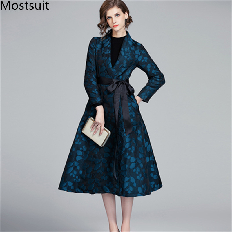 

Runway Fashion Designer 2019 Winter Jacquard Women Long Trench Coat With Belt Long Windbreaker Ladies Overcoat Korean Clothing, Black