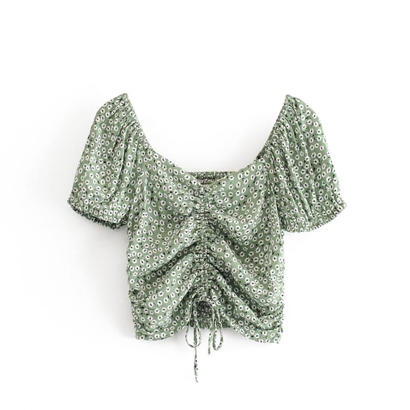 

2020 summer women's new retro elegant wild V-neck short sleeve clavicle floral drawstring exposed navel short shirt, Green