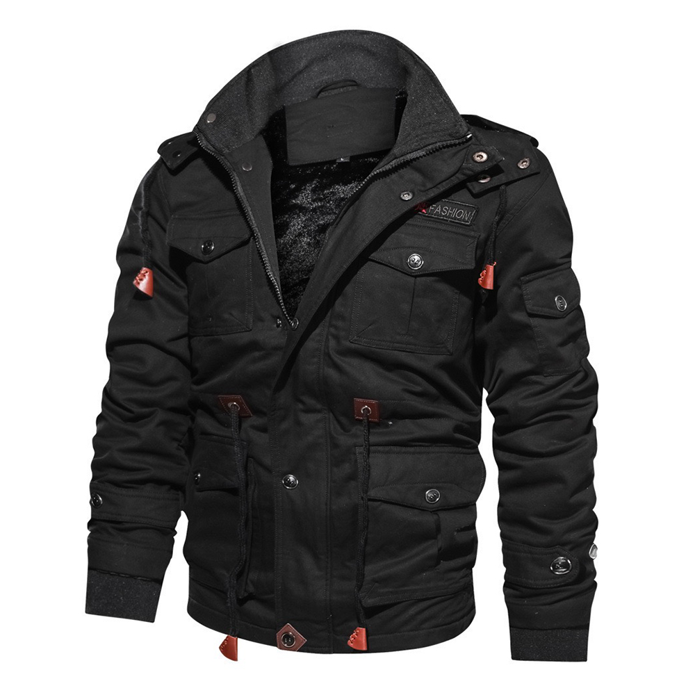 

Men Jacket Thick Casual Cotton Winter Military Jacket Men Outerwear Fleece Hooded Coat with Multi Pockets, Black