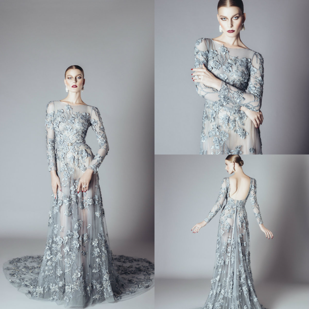 

2020 Backless Evening Dresses Jewel Neck Tulle Appliqued A Line Long Sleeve Prom Dress Party Wear Formal Occasion Gowns, Dark green