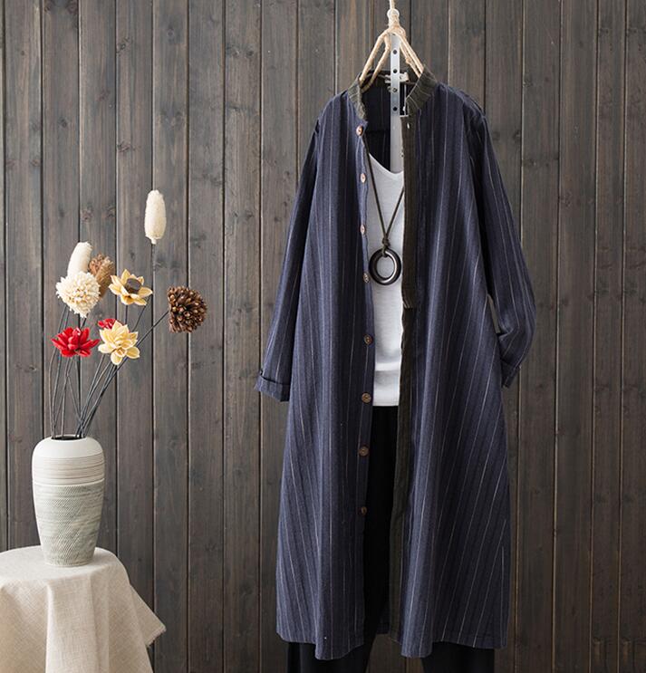 

2019 Autumn "Women Long Coat Stripe Cotton Linen Long Sleeve Casual Loose Women Trench YoYiKamomo, Gray