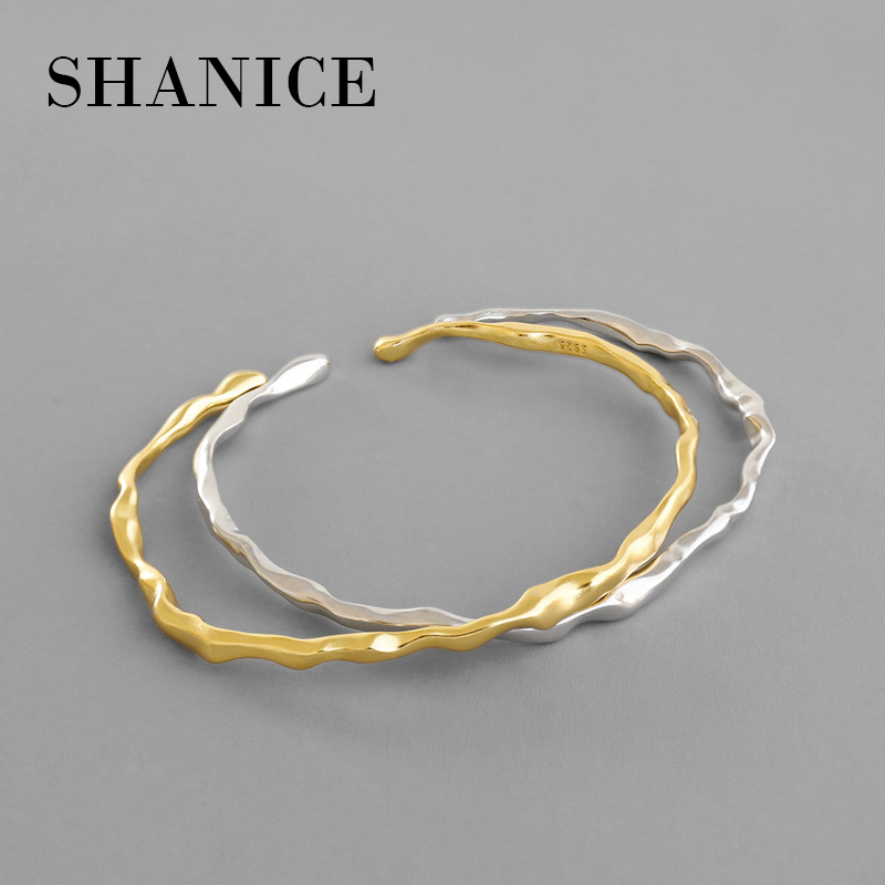 

SHANICE 100% 925 Sterling Silver INS simple irregular concave smooth Bangle Bracelet Open Bangles Women Cuff Valentine's Day