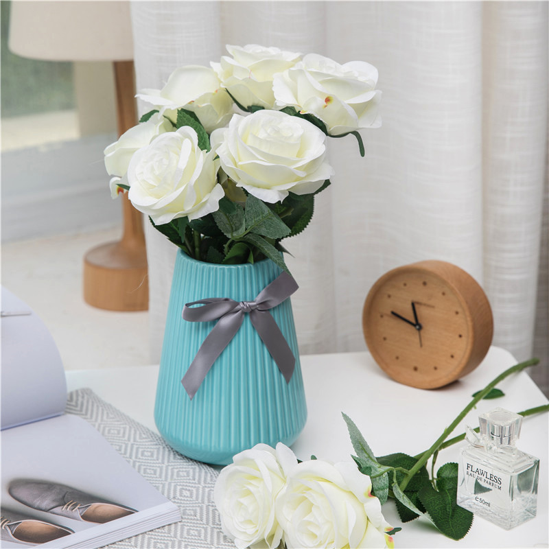 

single branch real touch rose silk artificial flower wedding photography props wreath decorative rose fake flower branch, White