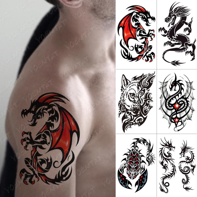 

Waterproof Temporary Tattoo Sticker Dragon Fire Flash Tattoos Wolf Scorpion Body Art Arm Water Transfer Fake Tatoo Women Men