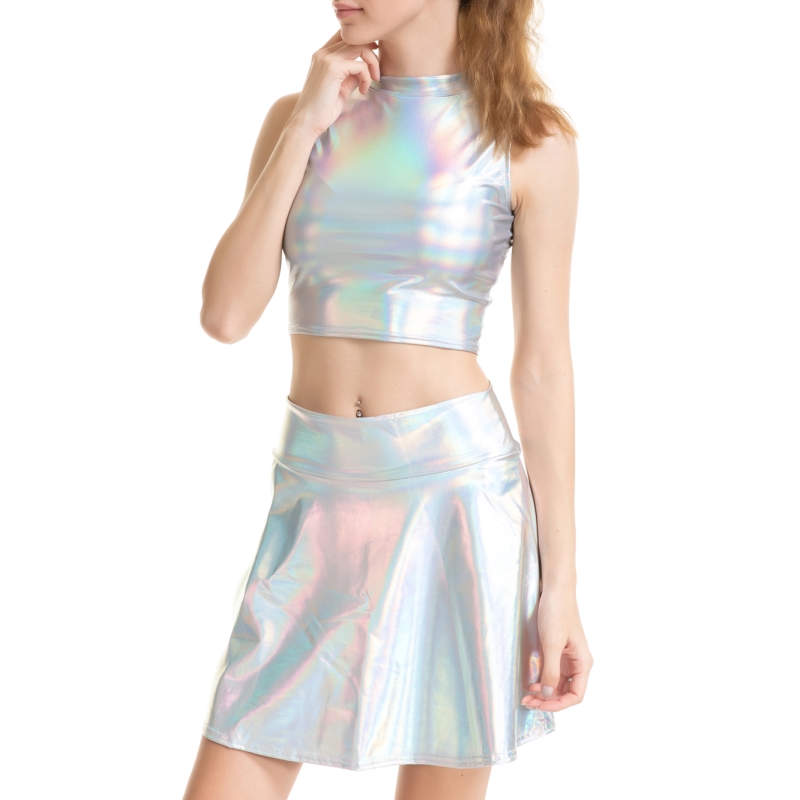 

Sexy Shiny Women Holographic Turtleneck Sleeveless Tank Top Metallic Wet Look A-line Mini Skirt 2 Piece Set Rave Festival Wear, As pic