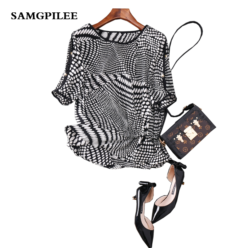 

2020 New Spring and summer Casual Chiffon Short sleeve Appliques Print O-neck Fashion women Blouses & Shirts, Black