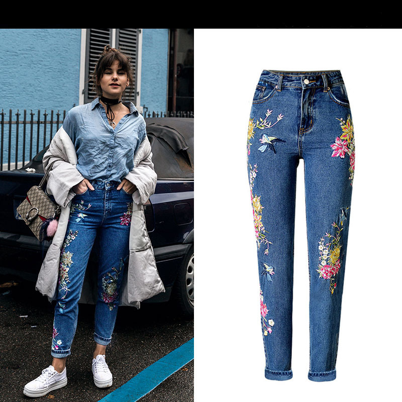 

Sherhure Vintage Bird Embroidery Woman Waist High Quality Casual Denim Pants Jeans Femme, Blue
