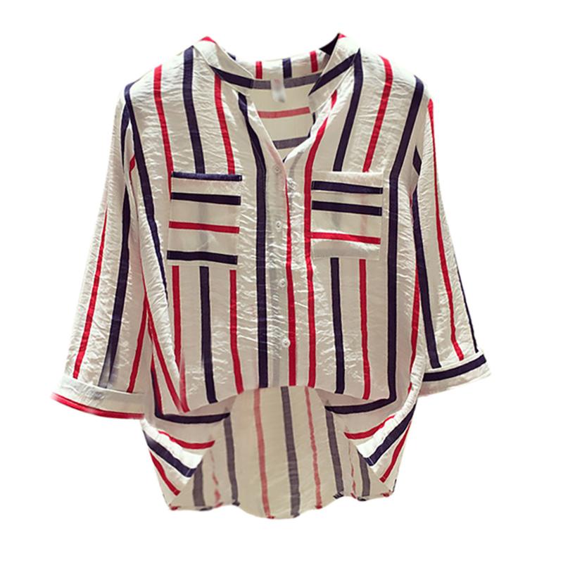 

2020 Striped Print Shirt Women Blouses Summer Half Sleeve V Neck Tops Japan Korean Streetwear Kimono Office Ladies Woman Blusas, Blue