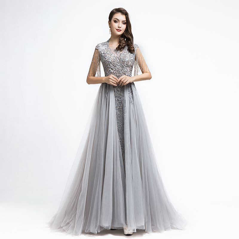 

Grey Prom Dress Sleeveless Beaded A Line Formal Evening Gowns 2020 Stunning Tulle Celebrity Party Dresses 5486, Same as picture