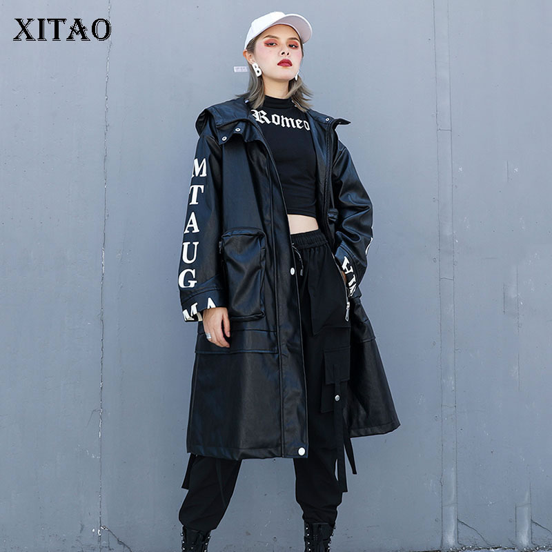 

XITAO Tide Plus Size Patchwork Pocket Black Coat Women Clothes 2019 Fashion Match All Letter Print Faux Leather Autumn ZLL4354, Black zll4354