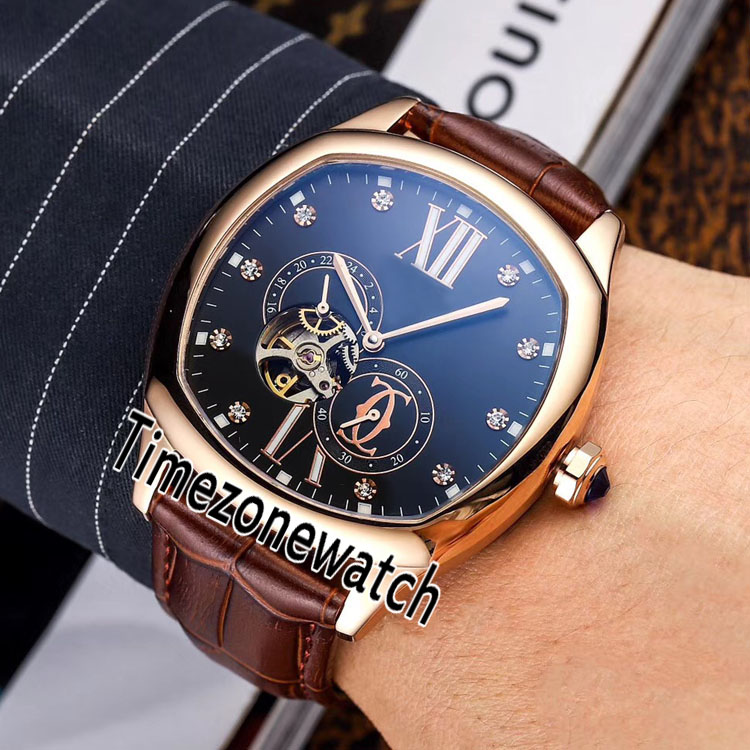 

New Drive De WSNM0009 Automatic Mens Watch Rose Gold Black Dial Diamond Roman Markers Tourbillon Brown Leather Watches Timezonewatch E110a1, Customized waterproof service
