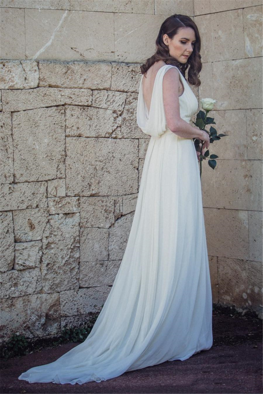 

2020 Spring Summer Elegant Beach Wedding Dress Greek Goddess Open Back V Neck Pleated Chiffon Vestido De Noiva Bridal Gowns, Purple