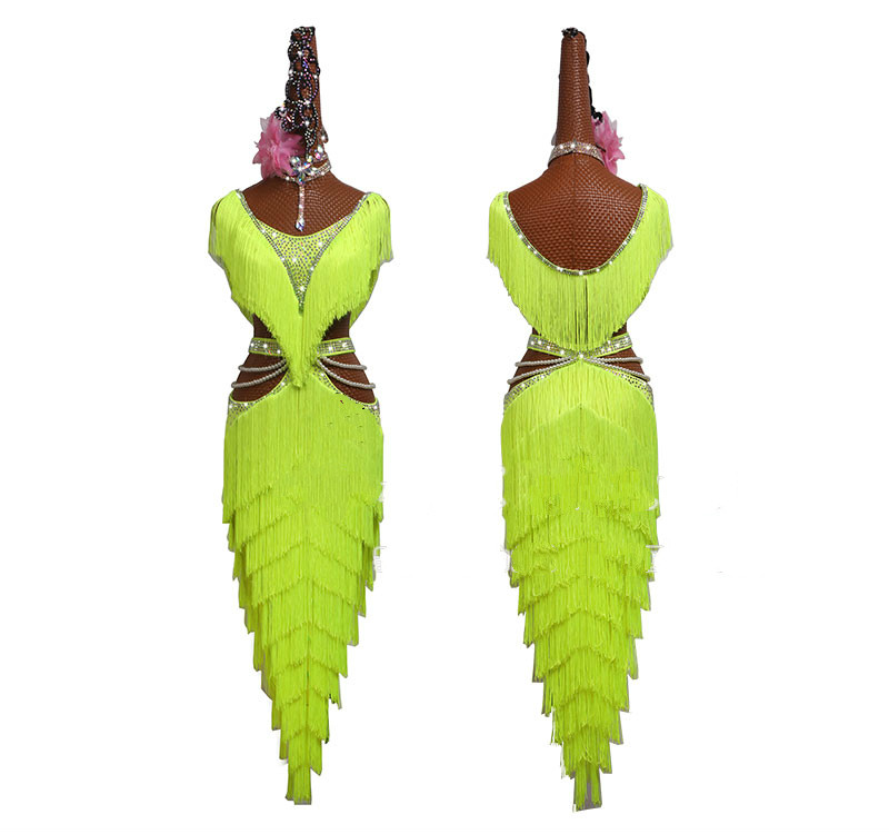

New Latin Dance Dress Women Fluorescent Yellow Pearl Chain Latin Dance Tassel Skirt High-end Competition Performance Clothing, Only the dress