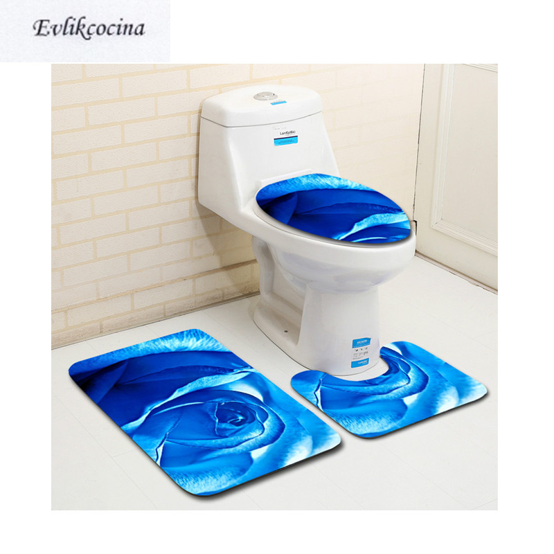 

Free Shipping 3pcs Blue Rose Banyo Bathroom Carpet Toilet U Type Bath Mat Set Non Slip Pad Tapis Salle De Bain Alfombra Bano
