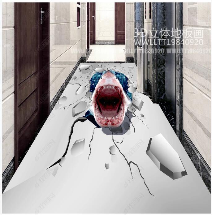 

3d pvc flooring custom photo Waterproof Self-adhesive floor Creative painted shark breaking wall home decor Vinyl wallpaper for walls 3 d, Blue