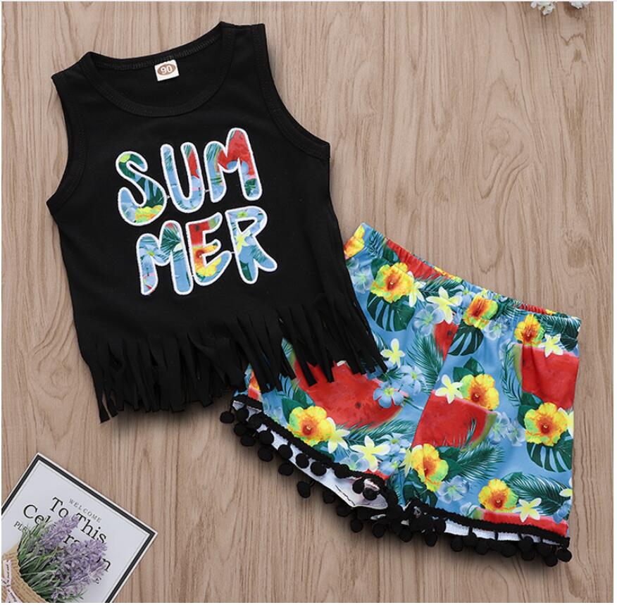 

Baby Letter Print Sleeveless T-Shirt and Short Pants Set Girl Summer Sleeveless Black Tops Suit Kids Clothes Two Pieces ZHT 180, As picture