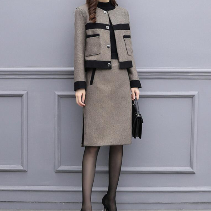 

Autumn Women Tracksuits Outfits Femenino Jacket Coat + Skirt 2 Two Piece Set Female Vintage Woolen Suits Sets Clothes AQ631, Khaki