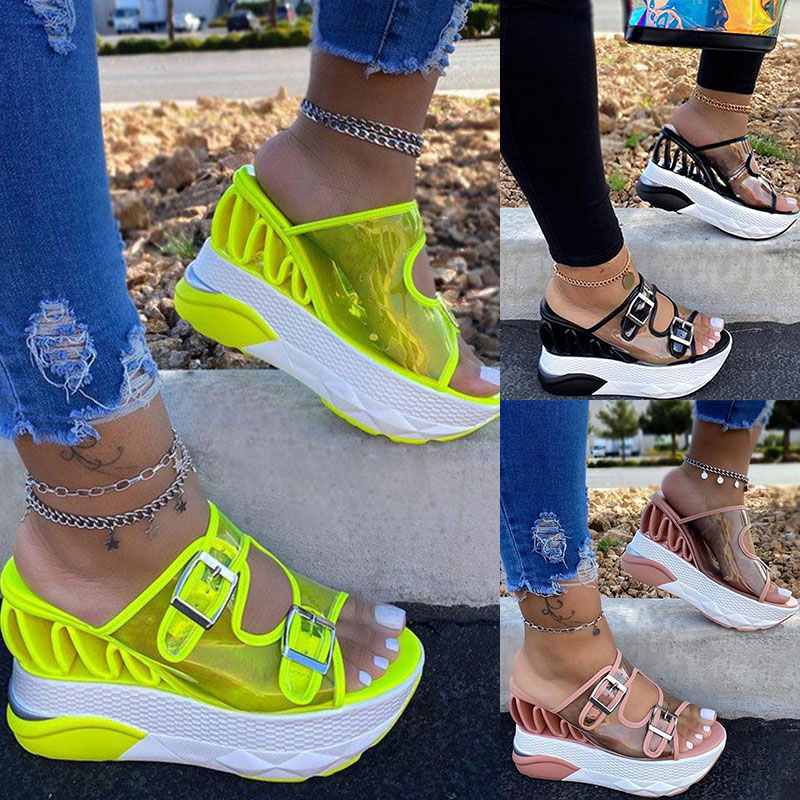 

2020 New Transparent Sandals Beach High Heel Shoes Fashion Women's Shoes Wedge Buttons Sandals Slippers Leisure Classic, Pink