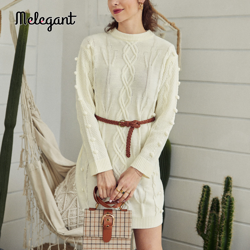 

Melegant Casual crew neck women knitted dress Autumn winter long sleeve hairball female dress Flexible straight sweater, White